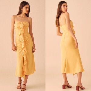 C/MEO Collective Vices Strapless Ruffle Midi Dress Marigold Yellow Medium